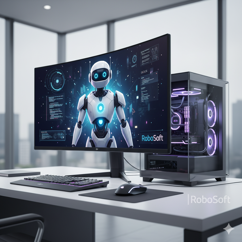 Computador portátil moderno aberto em um ambiente de escritório iluminado. Na tela, é exibido um robô futurista (ou um ícone de IA) em um design limpo. A marca d'água "RoboSoft" está visível na imagem