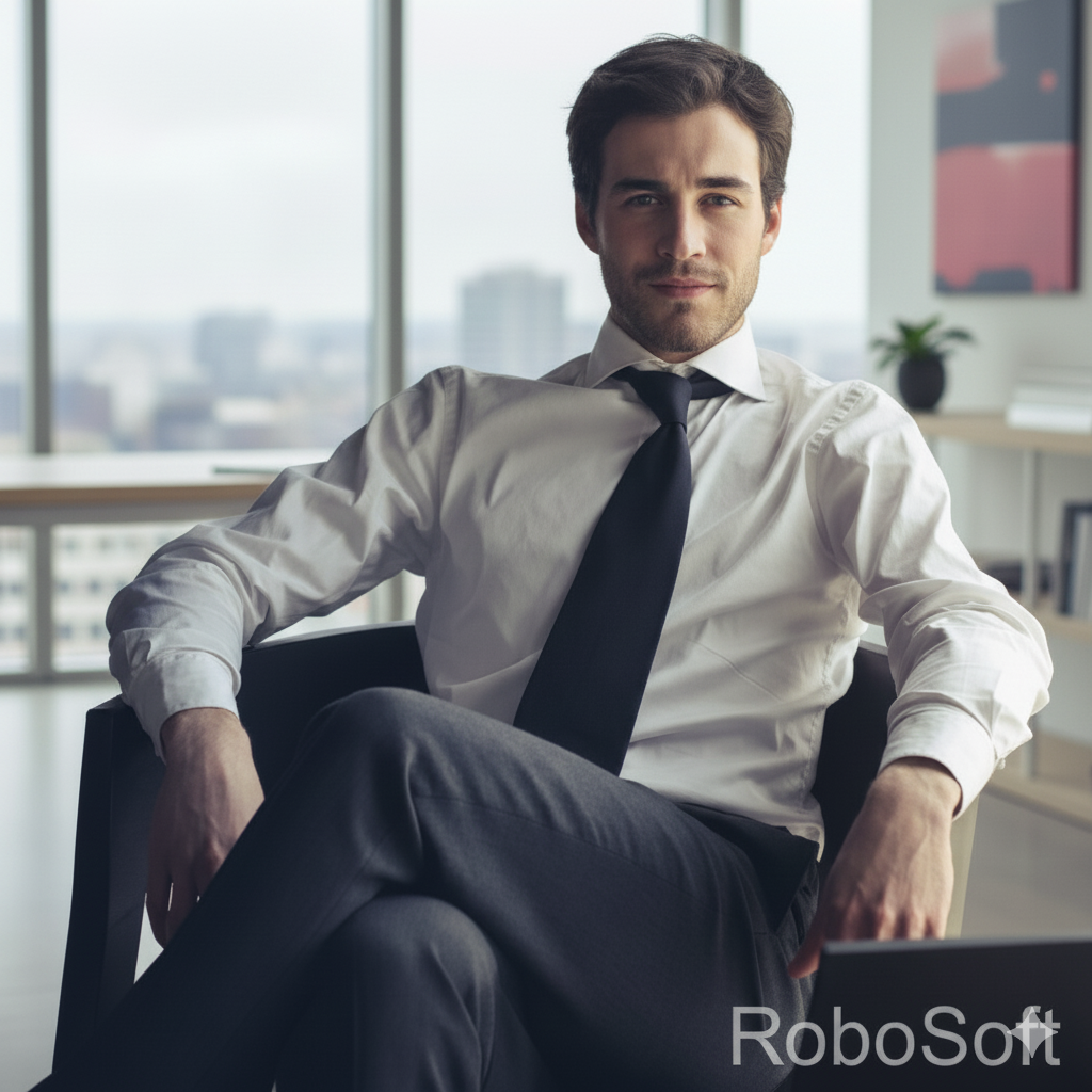 Homem profissional sentado em uma poltrona em um escritório moderno e luminoso com grandes janelas, olhando diretamente para a frente. O fundo da cidade está suavemente desfocado (bokeh). A marca d'água "RoboSoft" está visível.