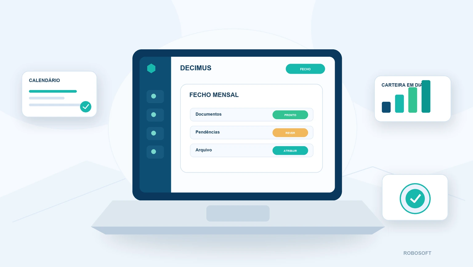 Painel de fecho mensal com documentos, pendências e arquivo